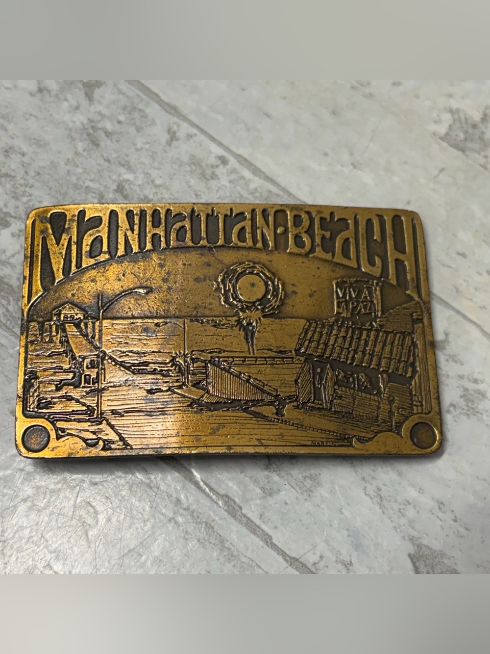 VINTAGE MANHATTAN BEACH EMBOSSED BRASS Belt Buckle Bergamot Brass Works